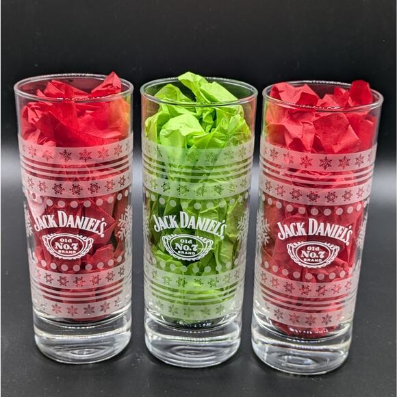 Jack Daniels Highball Glasses Set of 3 Snowflake Sweater Etched 10oz 6" Holiday - Picture 1 of 5